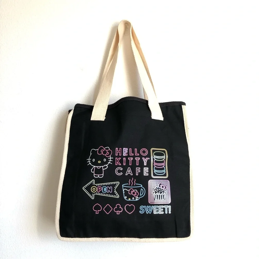 NWT Sanrio Hello Kitty Cafe Las Vegas Black Pastel Dessert Theme Canvas Tote Bag